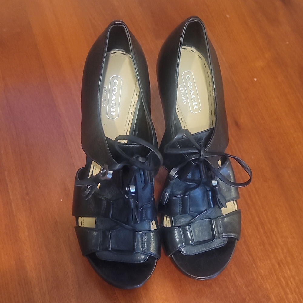 Coach Black Leather Heels with Bow Detail